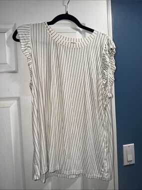 White Pinstripe Ruffle Sleeve Blouse